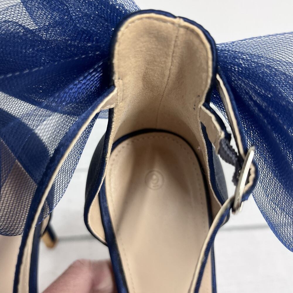 Navy Blue Satin Ultra High Heels Shoes size 9 Mesh Bow Prom Wedding Cocktail - Picture 5 of 12